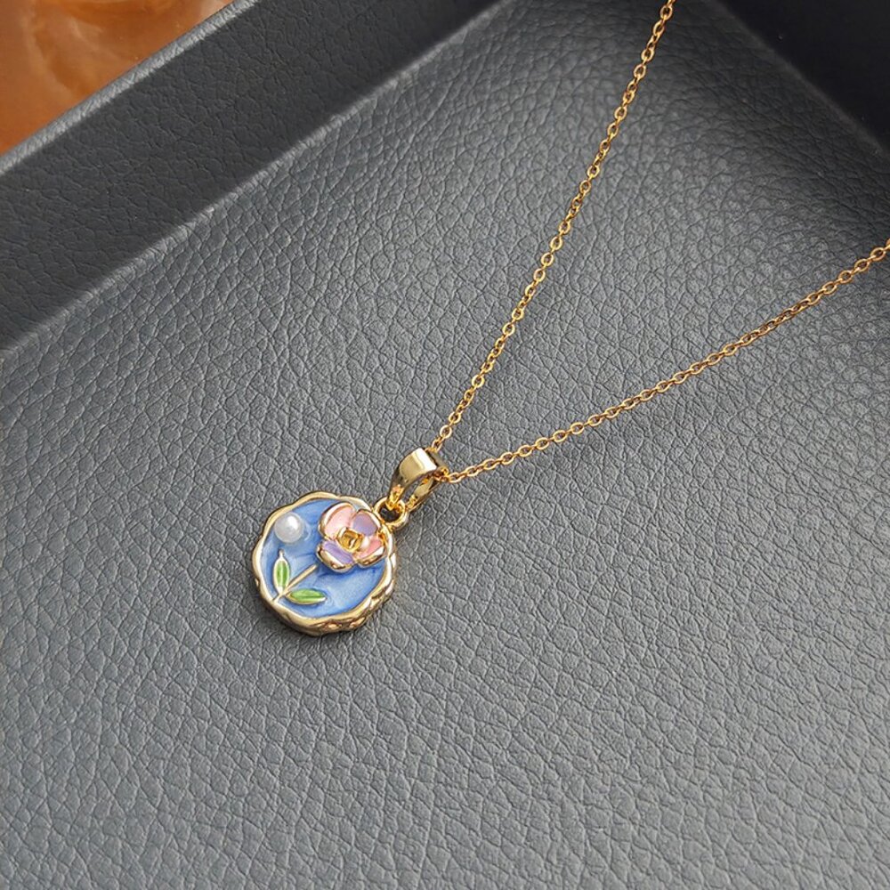 Vintage Floral Enamel Necklace – Blue Rose Pendant, Monet Garden Inspired